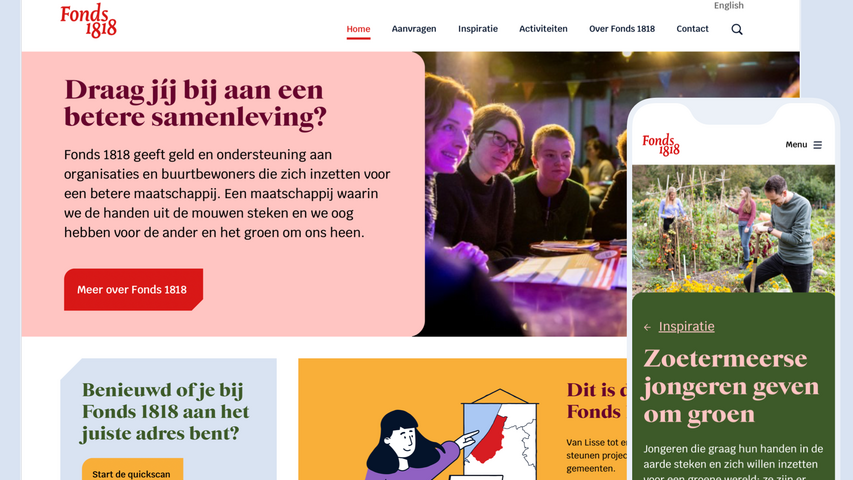 Homepage van de Fonds 1818 website op desktop en mobiel